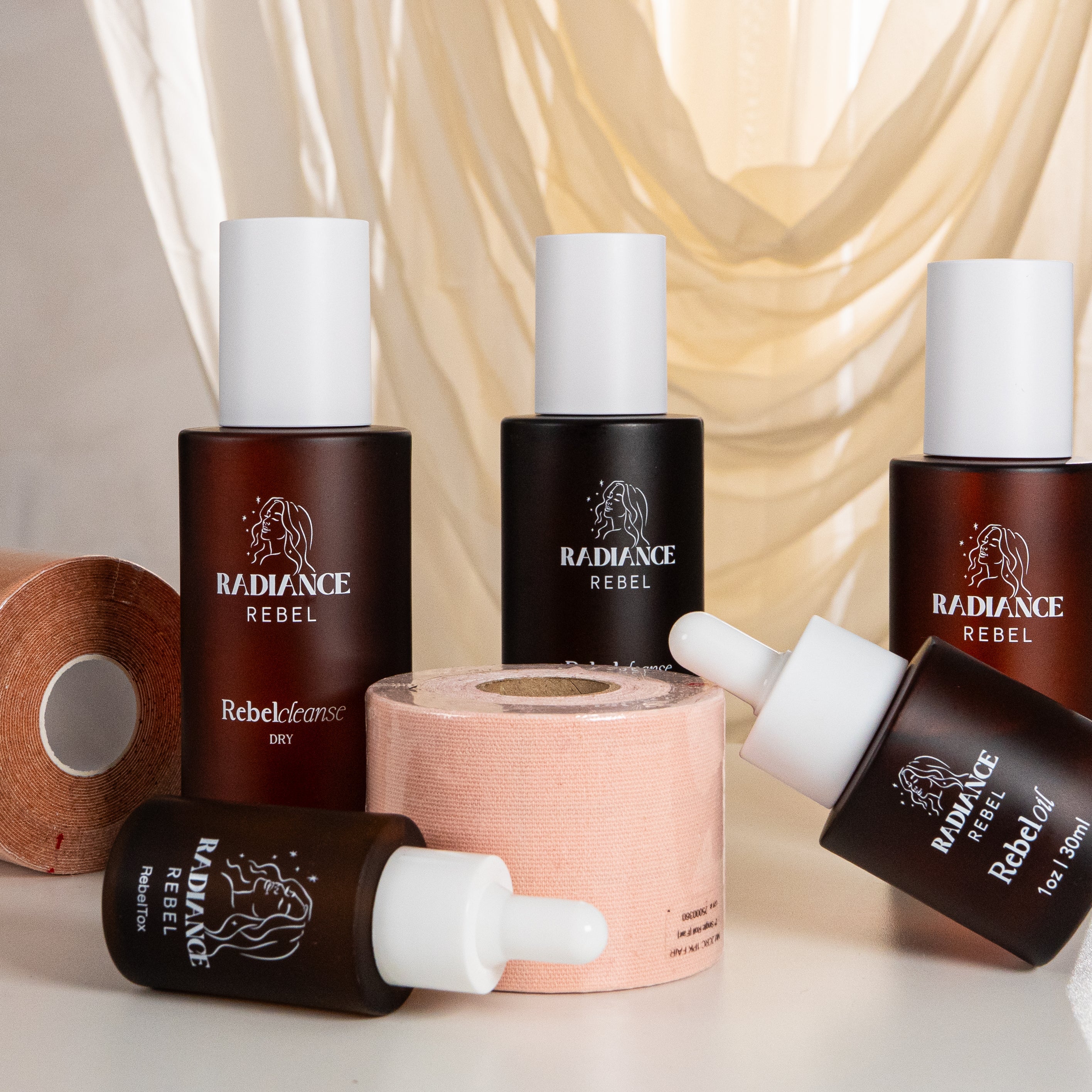 Radiance Rebel skincare products on a neutral background